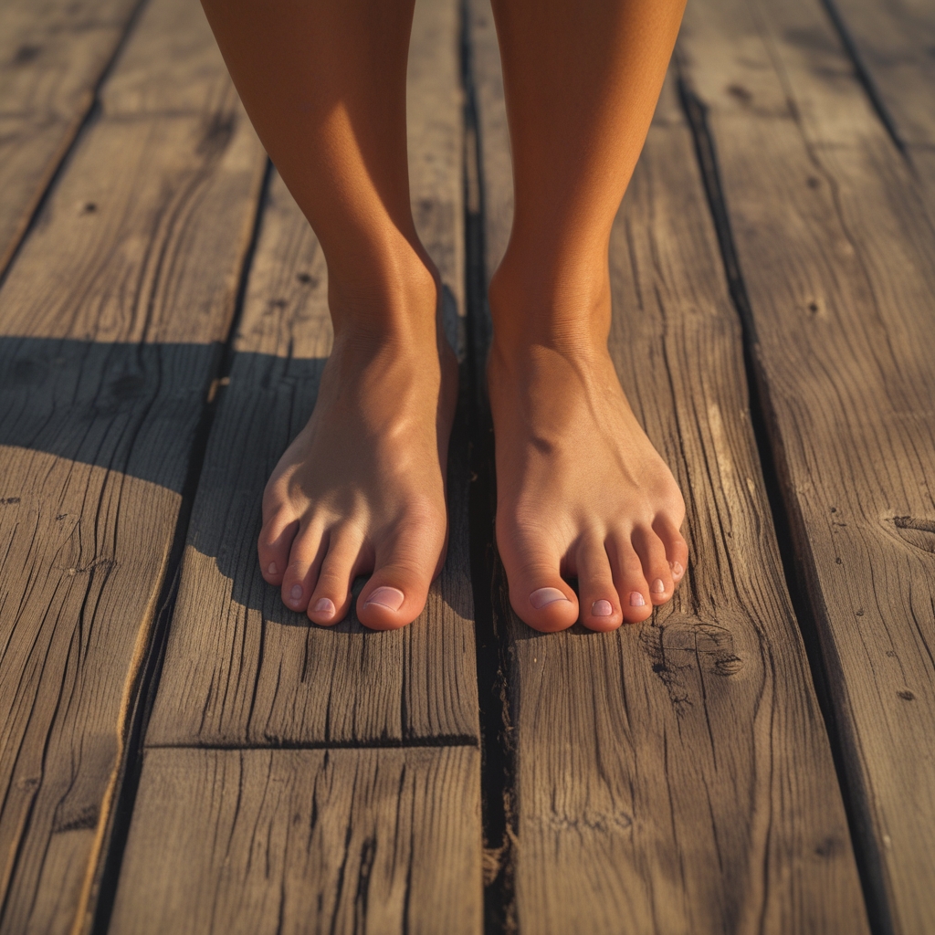Close-up of bare feet and lower legs standing on wooden floor planks in warm morning sunlight, evoking grounded mindful presence and bodily awareness