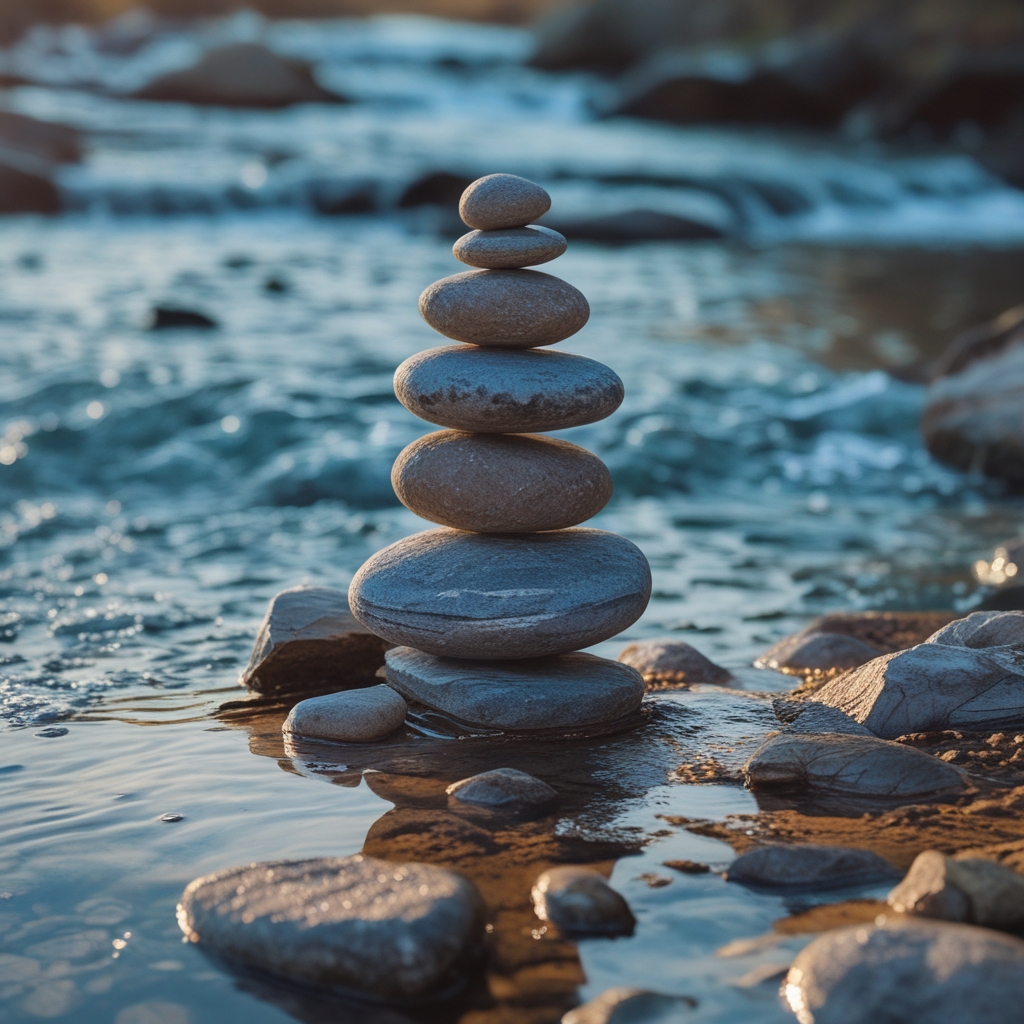 Smooth river stones balanced in a perfect tower on a rocky riverbed, surrounded by clear flowing water, conveying a sense of harmony and equilibrium