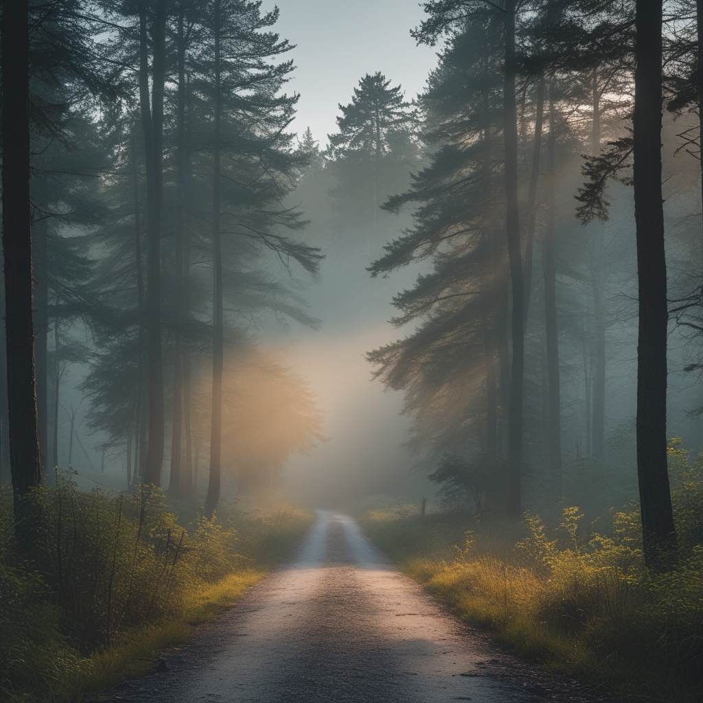 Quiet misty forest path in early morning with soft diffused light filtering through tall pine trees, evoking calm, clarity and peaceful movement