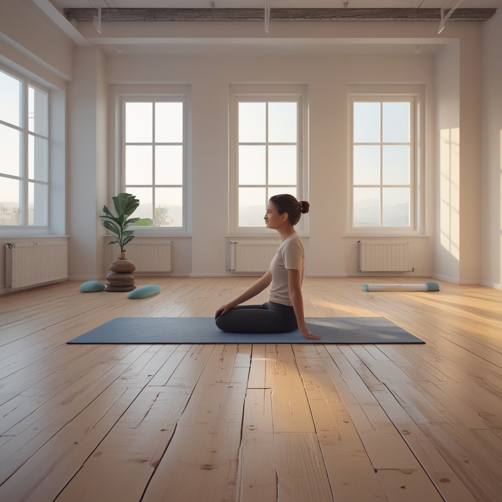 Spacious minimalist training studio with wooden floor, large windows letting in soft morning light, yoga mat and balanced stones arranged near the window