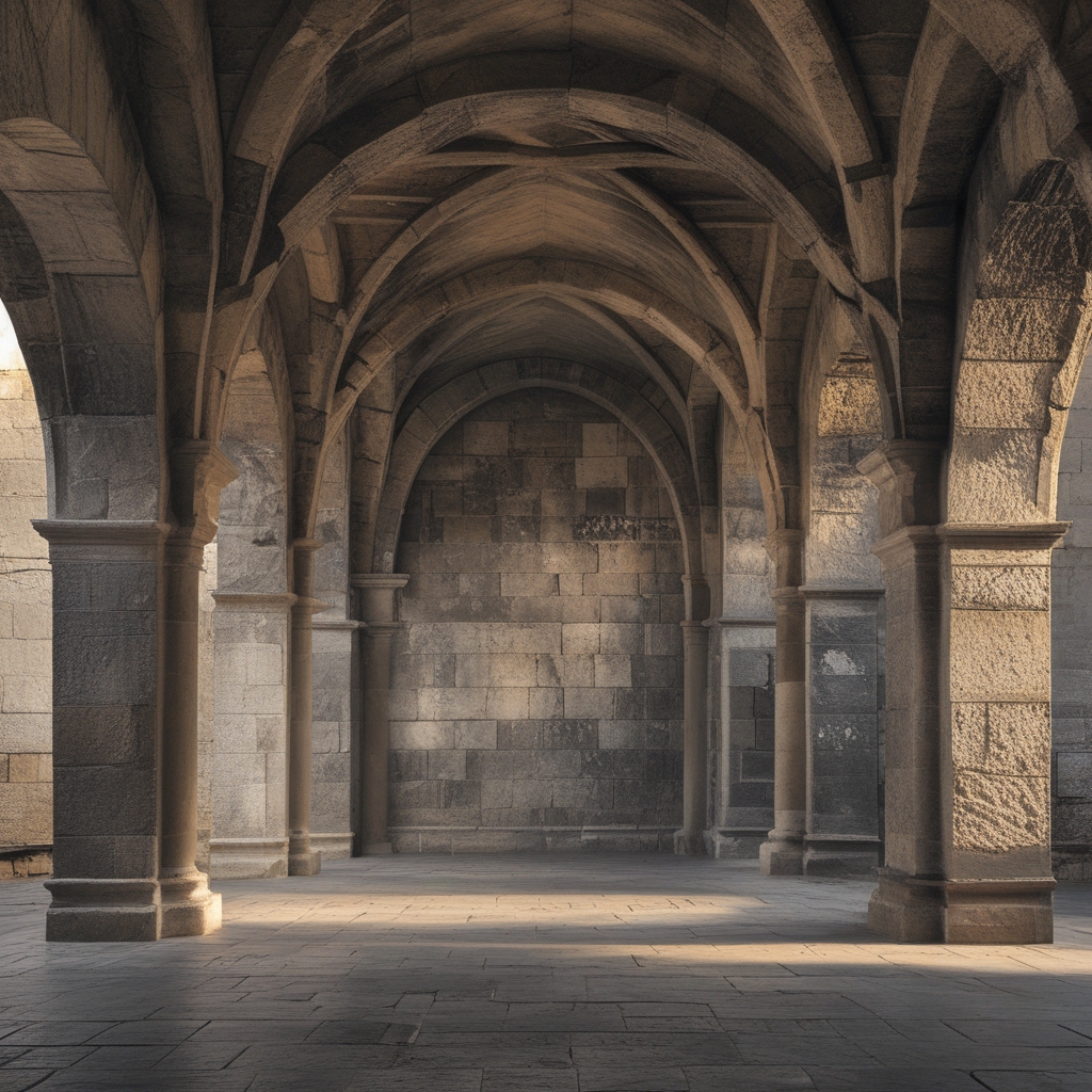 Ancient stone corridor with arched ceiling and dramatic chiaroscuro lighting, evoking a sense of historical knowledge and institutional permanence